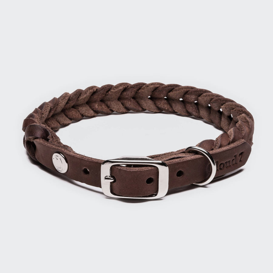 Cloud7 - CENTRAL PARK Leather Collar in braided brown leather with silver buckle, handcrafted durable design for dogs