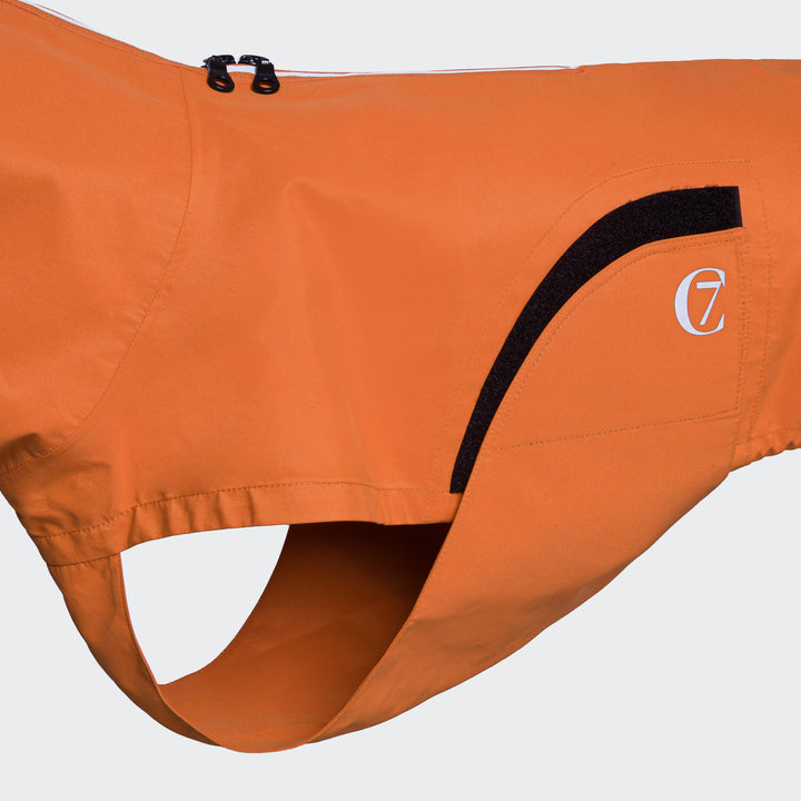 Orange Cloud7 - Dog Raincoat Dublin with reflective zipper and adjustable back length for waterproof dog protection.