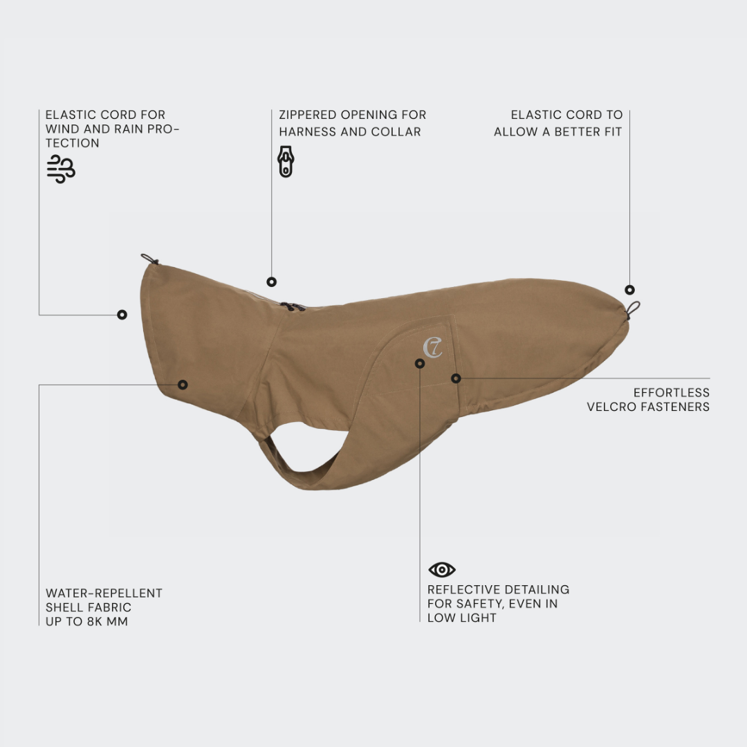 Cloud7 - Dog Raincoat Dublin in brown with reflective zipper, adjustable cords, water-repellent fabric, and Velcro fasteners.