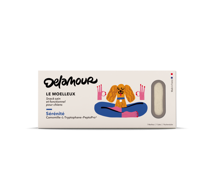 Calming soft vegan dog treats in eco-friendly packaging for anxiety relief, natural ingredients, DeLamour - Le Moelleux Serenity