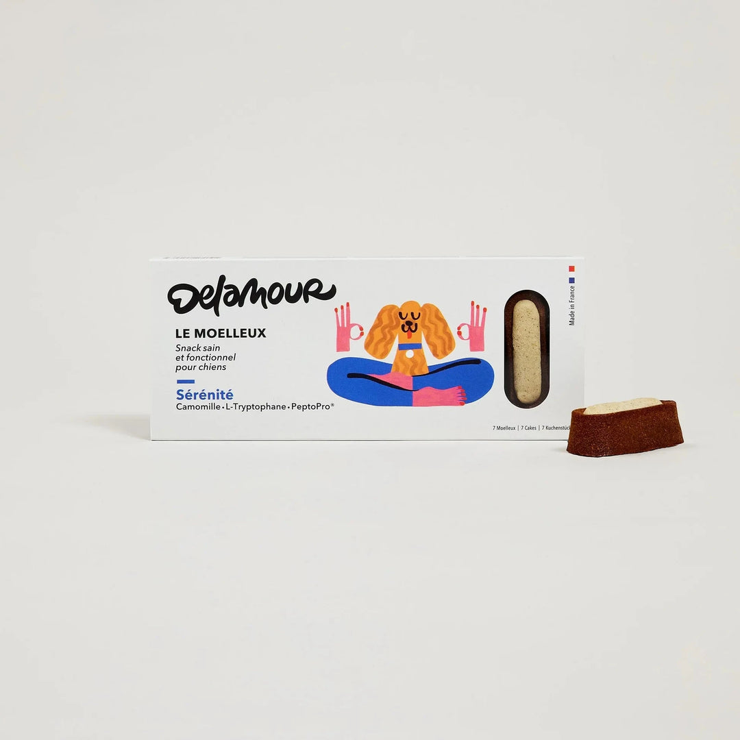 Calming vegan soft dog treat in white eco-friendly packaging for anxiety relief and wellbeing DeLamour Le Moelleux Serenity DeLamour
