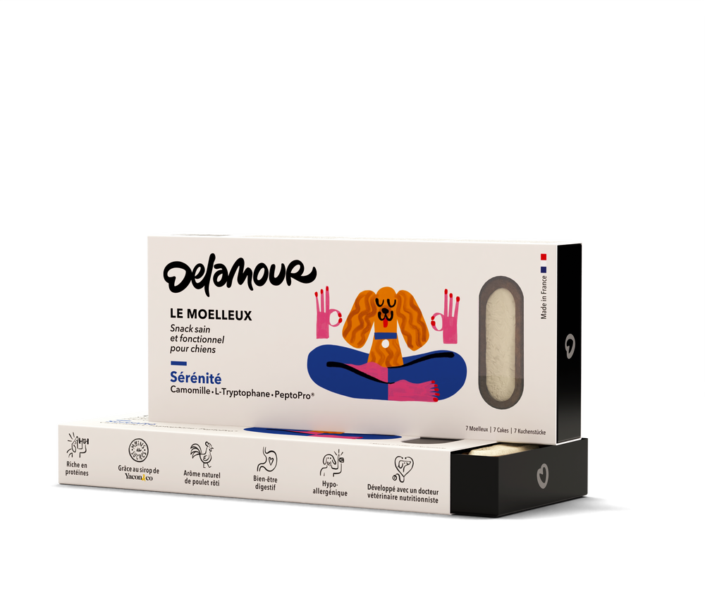 Calming vegan dog treats in eco-friendly packaging for stress relief and wellbeing, DeLamour Le Moelleux Serenity DeLamour
