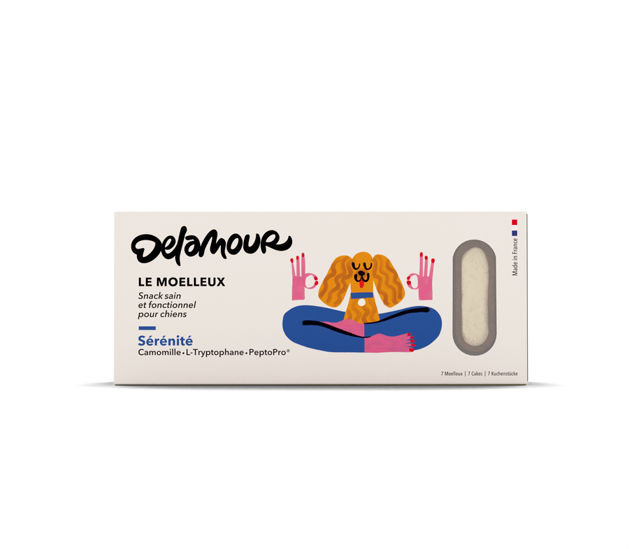 Calming soft vegan dog treats in eco-friendly packaging for anxiety relief, natural ingredients, DeLamour - Le Moelleux Serenity