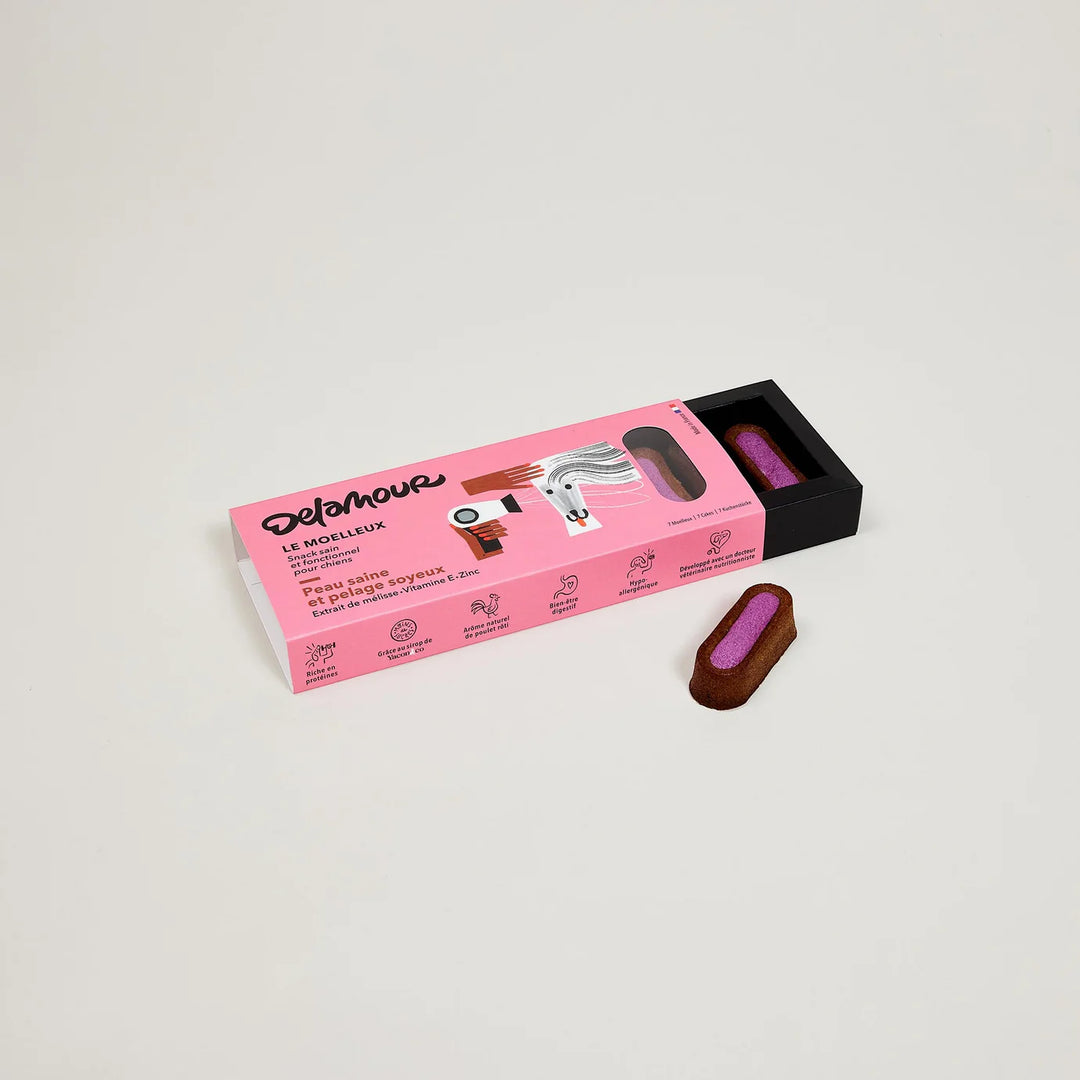 DeLamour - Le Moelleux - Skin & Coat Vegan Dog Snacks with natural ingredients for shiny, soft coats and healthy skin.