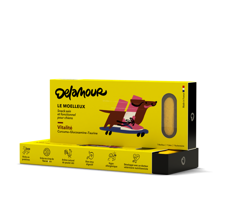 Soft yellow vegan dog treats with turmeric for vitality and immune support, eco-friendly packaging, DeLamour Le Moelleux Vitality Vegan Dog Treats DeLamour