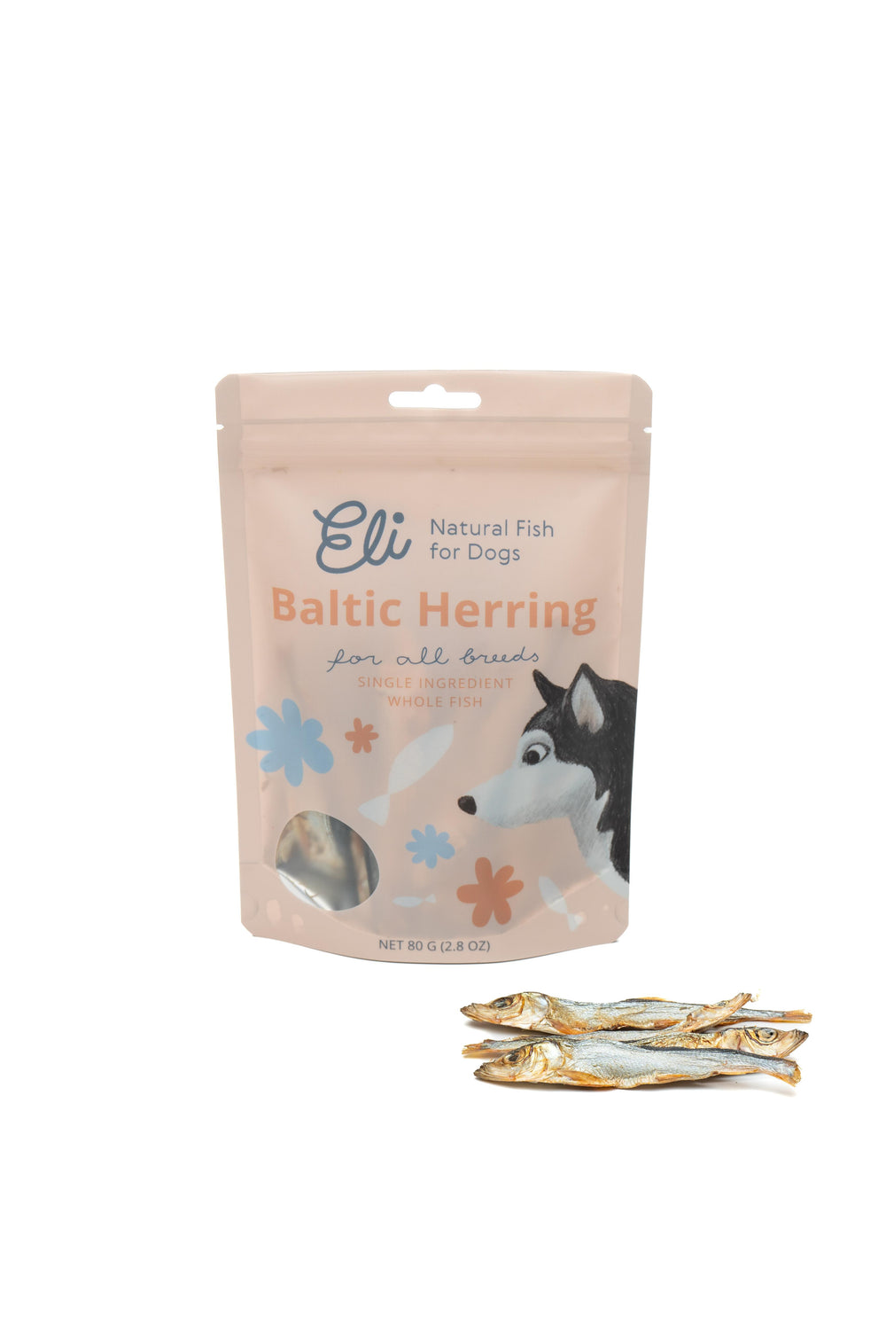 Crunchy dried Baltic herring dog treats promoting dental hygiene and joint health in beige packaging Eli - Baltic Herring Treats Eli