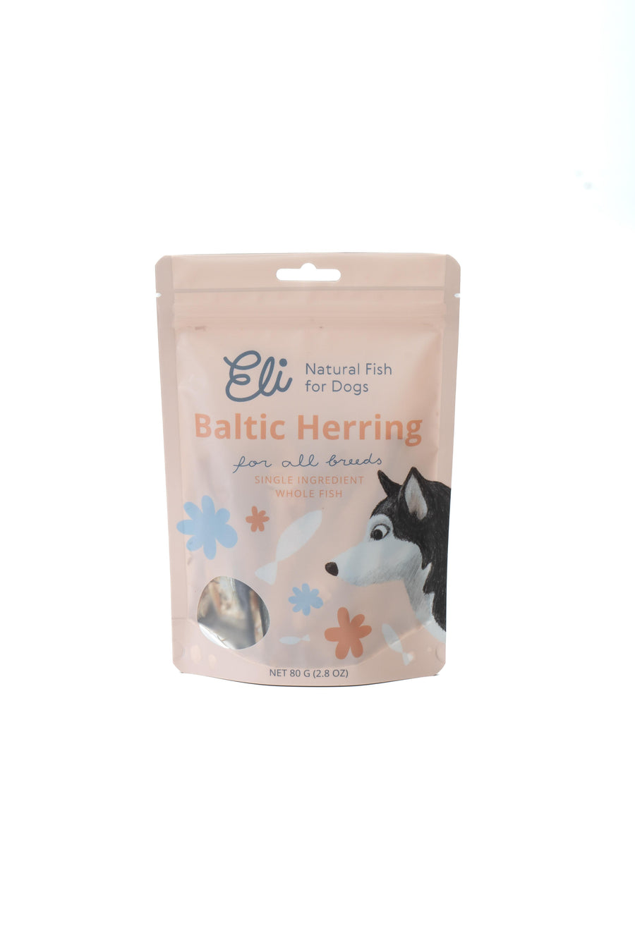 Crunchy natural Baltic Herring dog treats in resealable pouch for dental health and wellbeing Eli