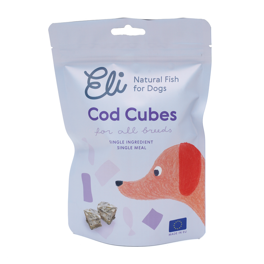 Eli - COD CUBES Treat natural dried cod cubes dog snack for wellbeing in resealable white pouch by Eli