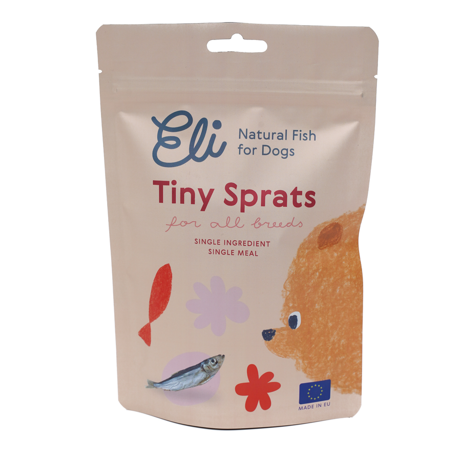 Natural dried sprats dog treats high in protein for wellbeing in resealable beige pouch Eli TINY SPRATS