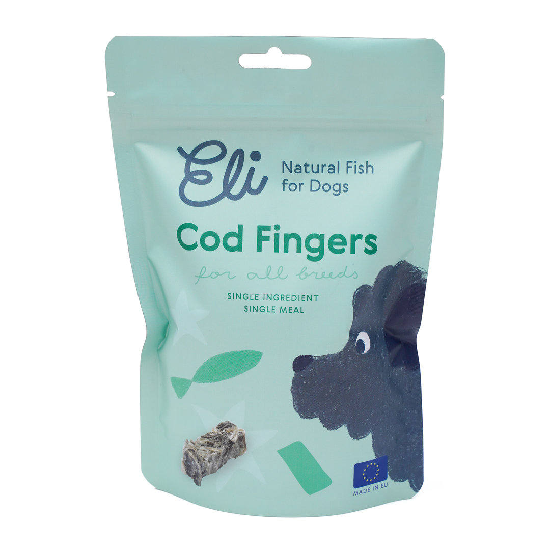 Natural dried fish dog treat in resealable pouch for dog wellbeing and exclusive nutrition Eli Cod Fingers Eli