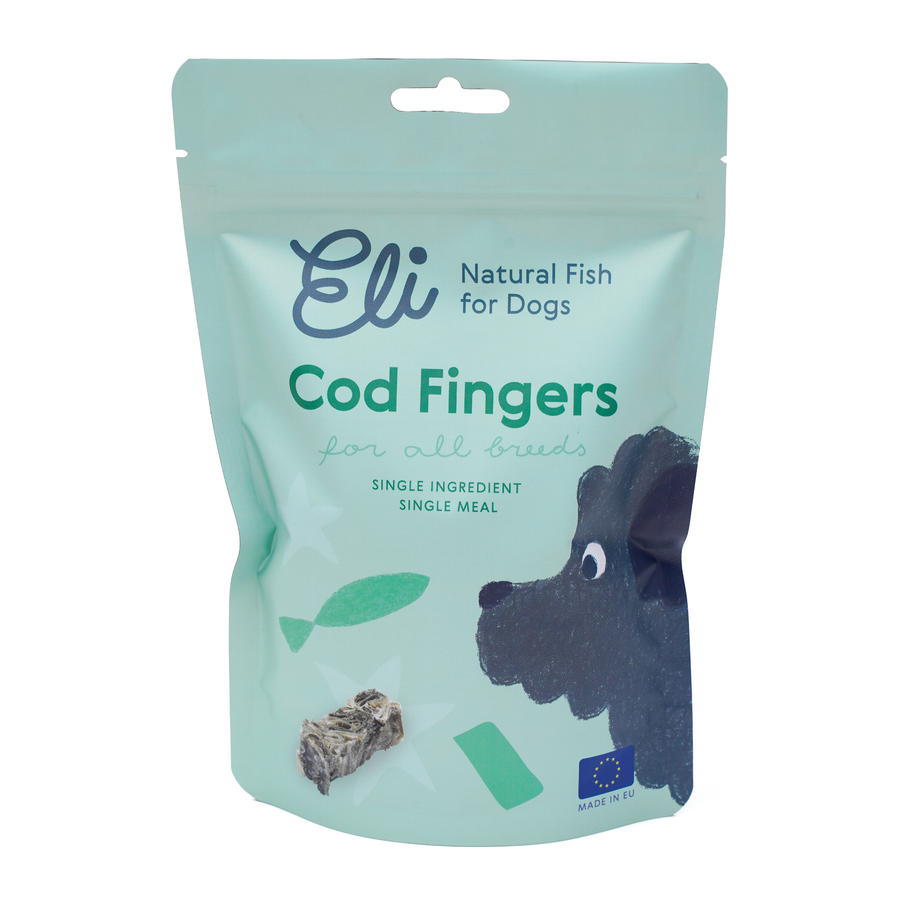 Natural dried fish dog treat in resealable pouch for dog wellbeing and exclusive nutrition Eli Cod Fingers Eli