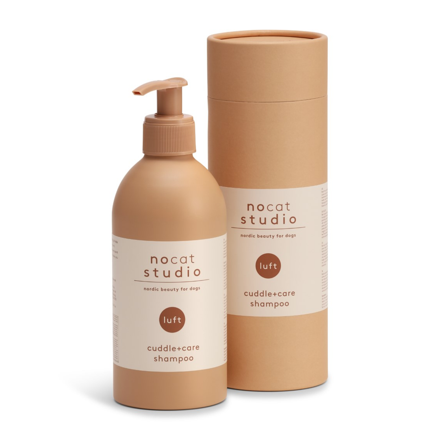 Nocat Studio LUFT Cuddle+Care Shampoo eco-friendly tan bottle for gentle dog wellbeing and natural care by Nocat Studio